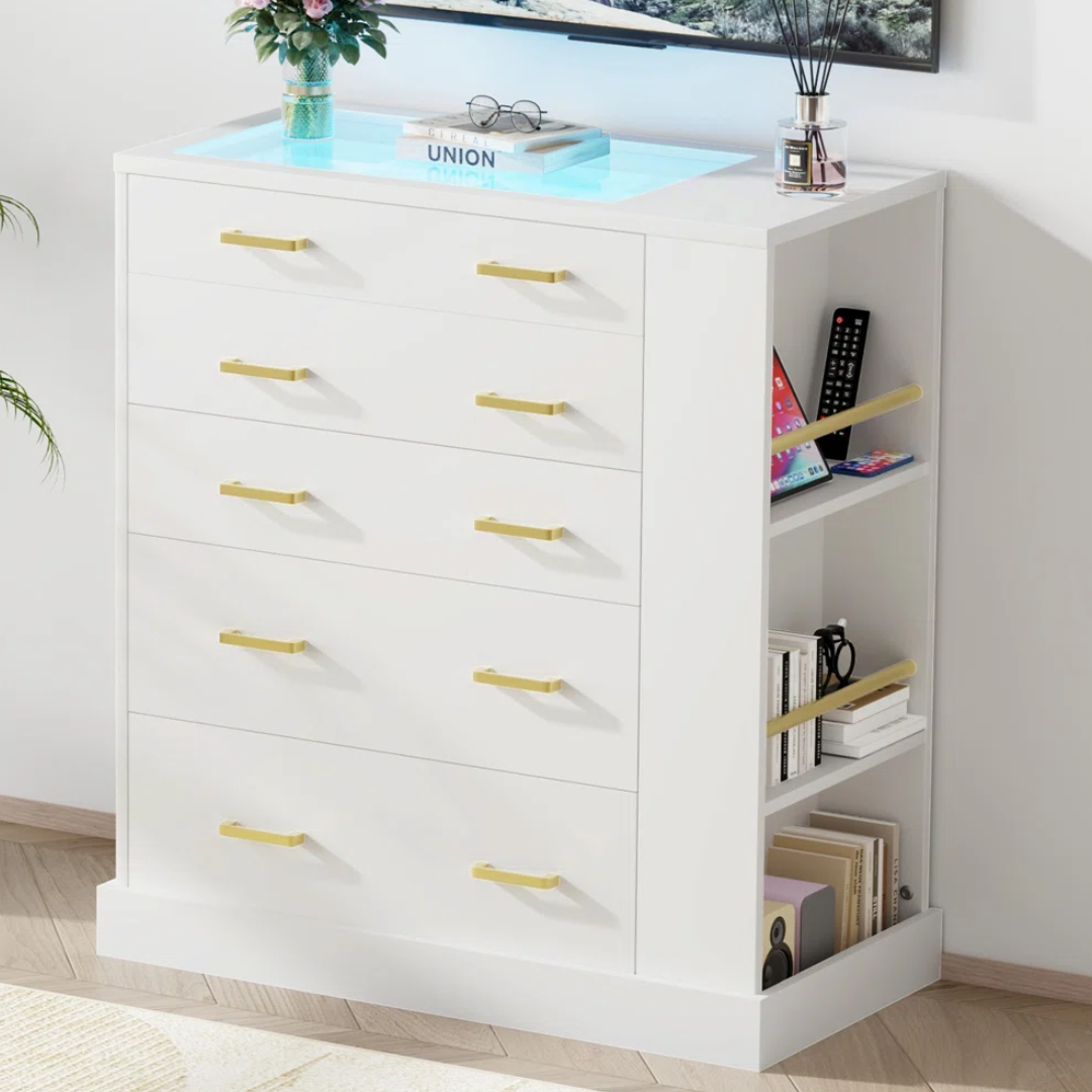 Modern LED Light 5-Drawer Dresser w/Glass Top