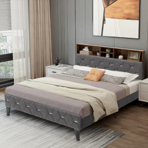 Giantex Queen Upholstered Platform Bed Frame w/Storage Headboard