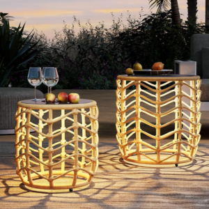 Set of 2 Wicker Outdoor Solar LED Tables