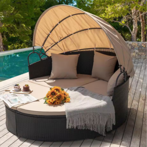 Wicker Cushioned Patio Daybed w/Retractable Canopy