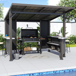 Outdoor 10' Galvanized Metal Hardtop Grill Gazebo w/Shelves