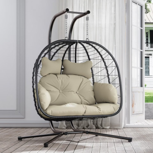 Outdoor Foldable Double Wicker Swing Egg Chair w/Stand