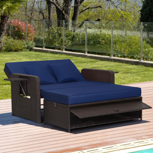 Patio Wicker Reclining Loveseat w/Storage Ottoman