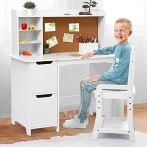 Wood Kid's Study Desk & Chair Set w/Bookshelf