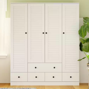 Wood 4-Door Wardrobe w/Hanging Rod & Drawers