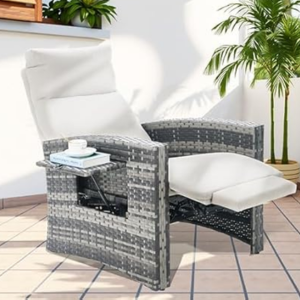 Patio Wicker Cushioned Recliner w/Built-in Table