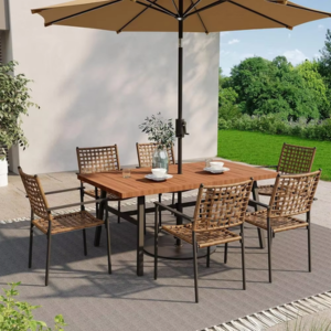 7-Piece Outdoor Metal & Rattan Dining Set w/Umbrella Hole