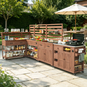 Outdoor Wood 4-Piece Rolling Kitchen Island w/Sink & Storage