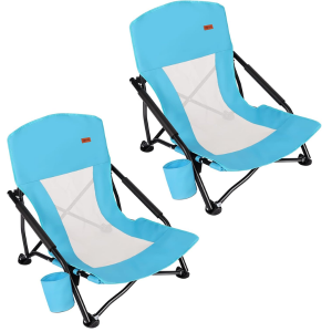 2-Pack Low Beach Chair w/Cup Holder & Carry Bag