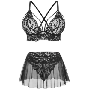 3-Piece Lace Lingerie Set w/Skirt