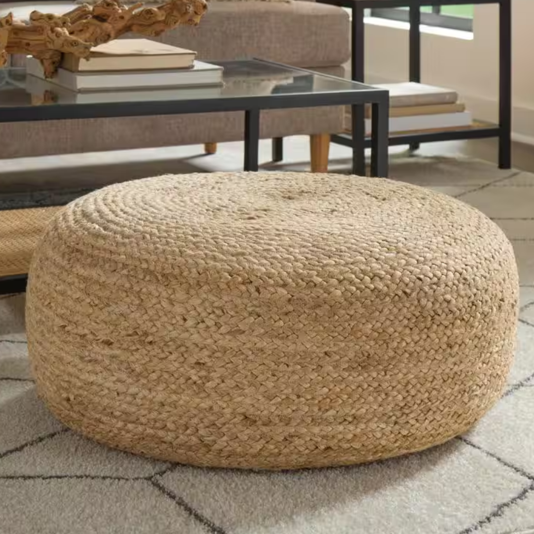 Braided Natural Jute Round Pouf Ottoman