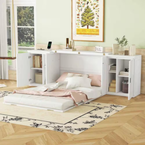 Wood Frame Full Murphy Bed w/USB Ports & Shelves