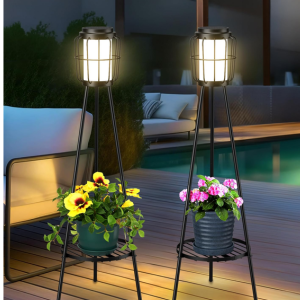 2-Pack Solar Metal Floor Lamps w/Plant Stand