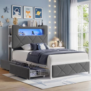 Velvet Twin Bed w/LED Storage Headboard
