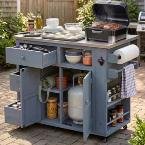 Wood Outdoor Rolling Prep Cart w/Storage
