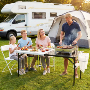 Outdoor 5' Folding Grill Table w/Metal Mesh Top & Storage