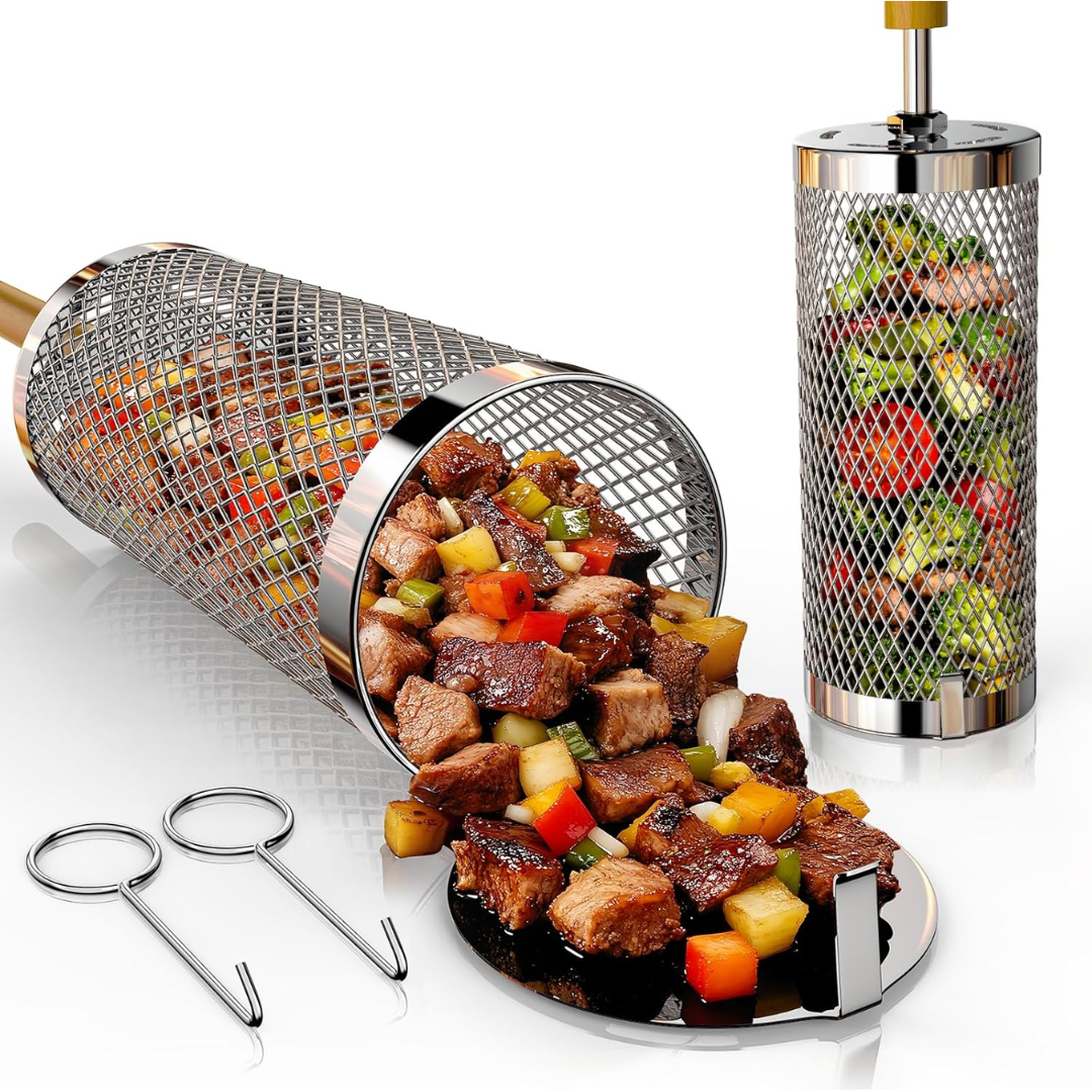 Rolling 2-Pack Stainless Steel Grill Basket
