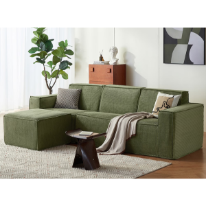 L-Shaped 3-Seat Corduroy Sectional Sofa w/Ottoman