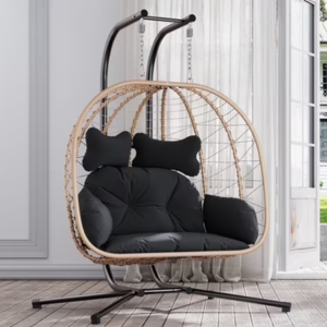 Outdoor Foldable Double Wicker Swing Egg Chair w/Stand