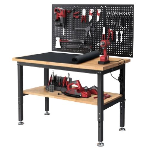 Wood Height Adjustable Pegboard Workbench w/Power Outlet