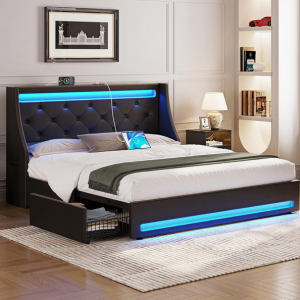 LED Queen Bed Frame w/Charging Station & Storage Drawer