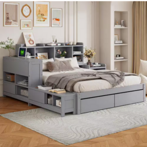 Wood Full Platform Bed w/Shelves & Drawers