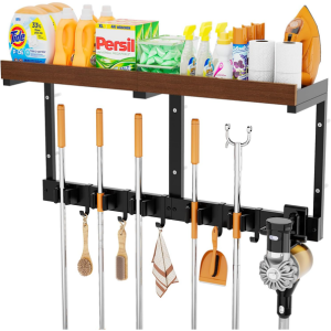 Wall-Mount Broom & Mop Holder w/Shelf