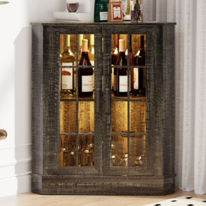 Glass Doors Corner Accent Cabinet w/LED
