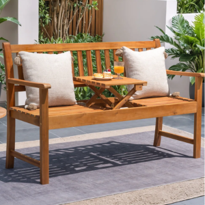 Acacia Wood Outdoor Bench w/Built-in Foldable Table