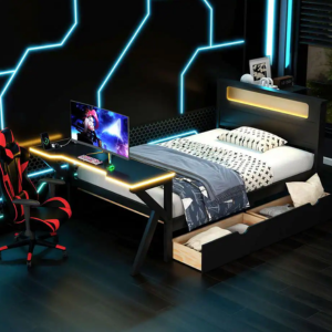 Wood Twin Gaming Bed w/LED Headboard Desk & Drawers