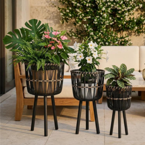 3-Piece Boho Wicker Planter Stand Set