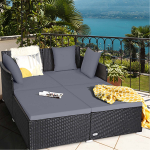 Costway Rattan Daybed w/Cushions & Pillows