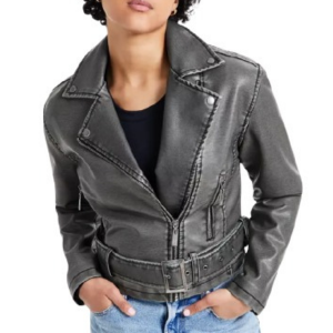 Juniors' Women's Distressed Asymmetric Belted Moto Jacket