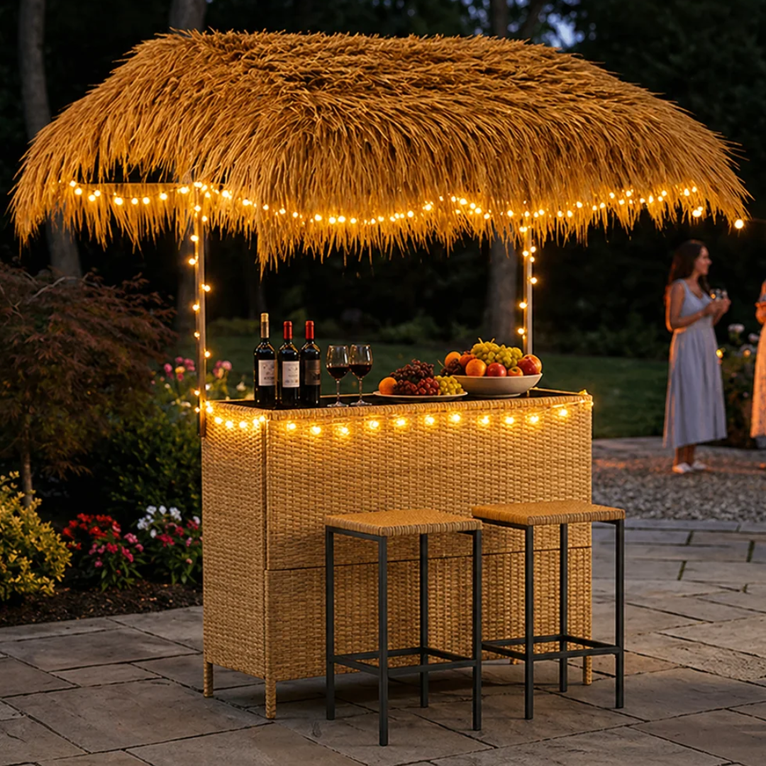 Arlmont & Co. 3-Piece Outdoor Tiki Wicker Bar Set