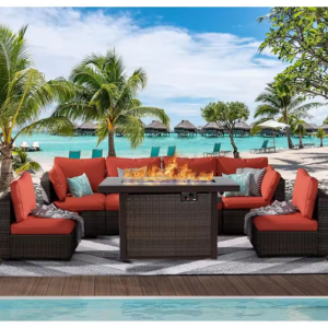 7-Piece Wicker Cushioned Patio Set w/Fire Pit Table